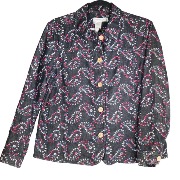 Coldwater Creek Denim Blazer Women Large Dark Gray Embroidered Boho Artsy Jacket - Picture 1 of 9